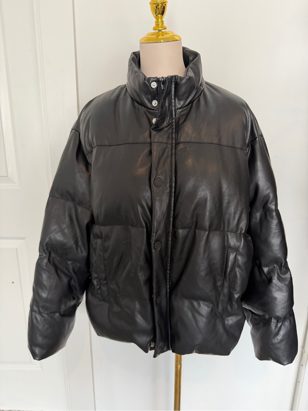 MOTHER Black Leather Puffer Jacket